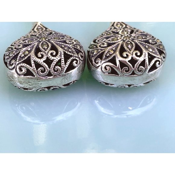 Vintage 925 Sliver Marcasite Tear Drop Dangle Earrings - Picture 4 of 14